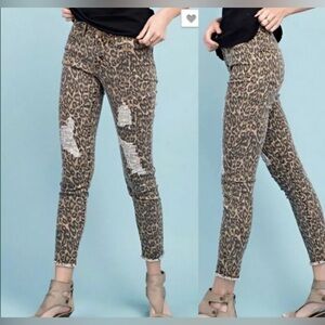 Easel Leopard Print Skinny Leg Distressed Denim Jeans Raw Frayed Hem Women Small